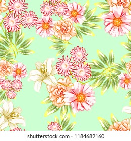 Abstract seamless pattern with plants, herbs and flowers, colorful botanical illustration.