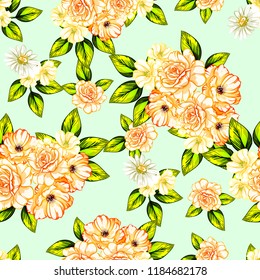 Abstract seamless pattern with plants, herbs and flowers, colorful botanical illustration.