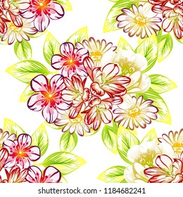 Abstract seamless pattern with plants, herbs and flowers, colorful botanical illustration.