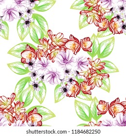 Abstract seamless pattern with plants, herbs and flowers, colorful botanical illustration.