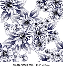 Abstract seamless pattern with plants, herbs and flowers, colorful botanical illustration.