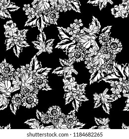 Abstract seamless pattern with plants, herbs and flowers, colorful botanical illustration.