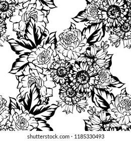 Abstract seamless pattern with plants, herbs and flowers, botanical illustration.
