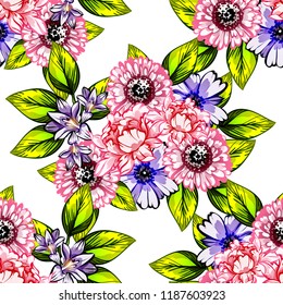 Abstract seamless pattern with plants, herbs and flowers, colorful botanical illustration.