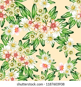 Abstract seamless pattern with plants, herbs and flowers, colorful botanical illustration.