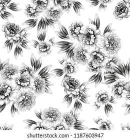 Abstract seamless pattern with plants, herbs and flowers, colorful botanical illustration.