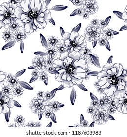 Abstract seamless pattern with plants, herbs and flowers, colorful botanical illustration.
