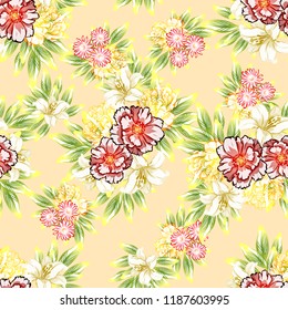 Abstract seamless pattern with plants, herbs and flowers, colorful botanical illustration.