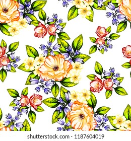 Abstract seamless pattern with plants, herbs and flowers, colorful botanical illustration.
