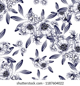Abstract seamless pattern with plants, herbs and flowers, colorful botanical illustration.