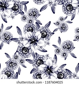 Abstract seamless pattern with plants, herbs and flowers, colorful botanical illustration.