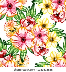 Abstract seamless pattern with plants, herbs and flowers, colorful botanical illustration.