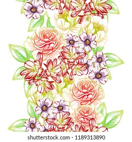 Abstract seamless pattern with plants, herbs and flowers, colorful botanical illustration.