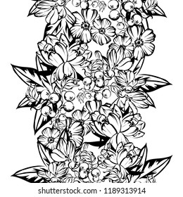 Abstract seamless pattern with plants, herbs and flowers, colorful botanical illustration.