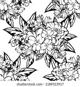 Abstract seamless pattern with plants, herbs and flowers, colorful botanical illustration.