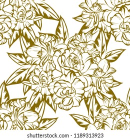Abstract seamless pattern with plants, herbs and flowers, colorful botanical illustration.