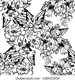 Abstract seamless pattern with plants, herbs and flowers, colorful botanical illustration.