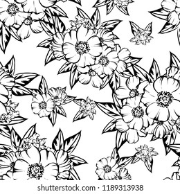Abstract seamless pattern with plants, herbs and flowers, colorful botanical illustration.
