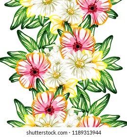 Abstract seamless pattern with plants, herbs and flowers, colorful botanical illustration.