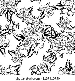 Abstract seamless pattern with plants, herbs and flowers, colorful botanical illustration.
