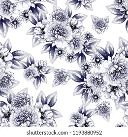 Abstract seamless pattern with plants, herbs and flowers, colorful botanical illustration.