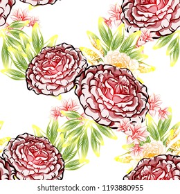 Abstract seamless pattern with plants, herbs and flowers, colorful botanical illustration.