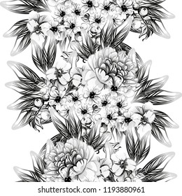 Abstract seamless pattern with plants, herbs and flowers, colorful botanical illustration.