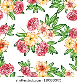 Abstract seamless pattern with plants, herbs and flowers, colorful botanical illustration.