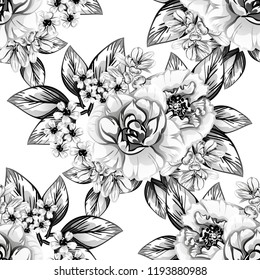 Abstract seamless pattern with plants, herbs and flowers, colorful botanical illustration.