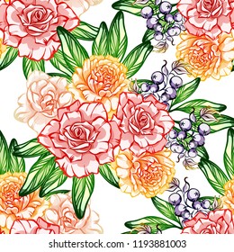 Abstract seamless pattern with plants, herbs and flowers, colorful botanical illustration.