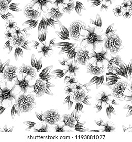 Abstract seamless pattern with plants, herbs and flowers, colorful botanical illustration.
