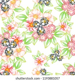 Abstract seamless pattern with plants, herbs and flowers, colorful botanical illustration.