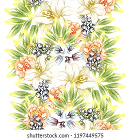 Abstract seamless pattern with plants, herbs and flowers, colorful botanical illustration.