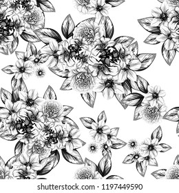 Abstract seamless pattern with plants, herbs and flowers, colorful botanical illustration.