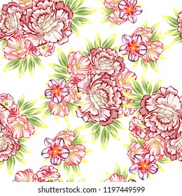 Abstract seamless pattern with plants, herbs and flowers, colorful botanical illustration.