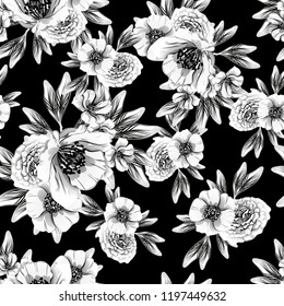 Abstract seamless pattern with plants, herbs and flowers, colorful botanical illustration.