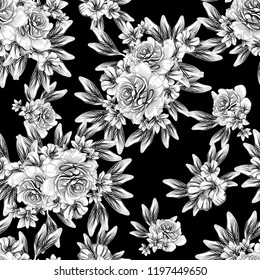 Abstract seamless pattern with plants, herbs and flowers, colorful botanical illustration.