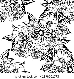 Abstract seamless pattern with plants, herbs and flowers, colorful botanical illustration.