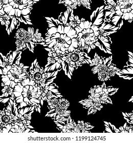 Abstract seamless pattern with plants, herbs and flowers, colorful botanical illustration.