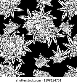 Abstract seamless pattern with plants, herbs and flowers, colorful botanical illustration.
