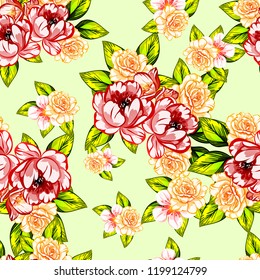 Abstract seamless pattern with plants, herbs and flowers, colorful botanical illustration.