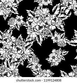 Abstract seamless pattern with plants, herbs and flowers, colorful botanical illustration.