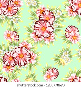 Abstract seamless pattern with plants, herbs and flowers, colorful botanical illustration.