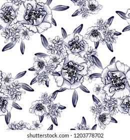 Abstract seamless pattern with plants, herbs and flowers, colorful botanical illustration.