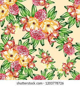 Abstract seamless pattern with plants, herbs and flowers, colorful botanical illustration.