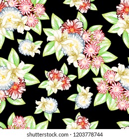 Abstract seamless pattern with plants, herbs and flowers, colorful botanical illustration.