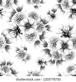 Abstract seamless pattern with plants, herbs and flowers, colorful botanical illustration.