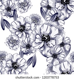 Abstract seamless pattern with plants, herbs and flowers, colorful botanical illustration.