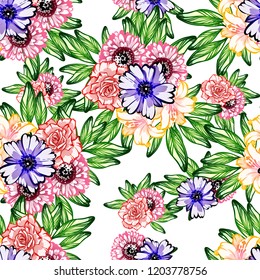Abstract seamless pattern with plants, herbs and flowers, colorful botanical illustration.