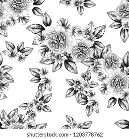 Abstract seamless pattern with plants, herbs and flowers, colorful botanical illustration.